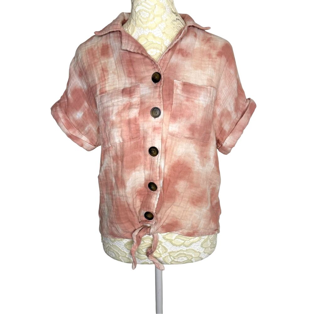 Dip Muslin Button Front Top Shirt Blouse Tie Dye Tie Waist Chest Pocket Pink XS